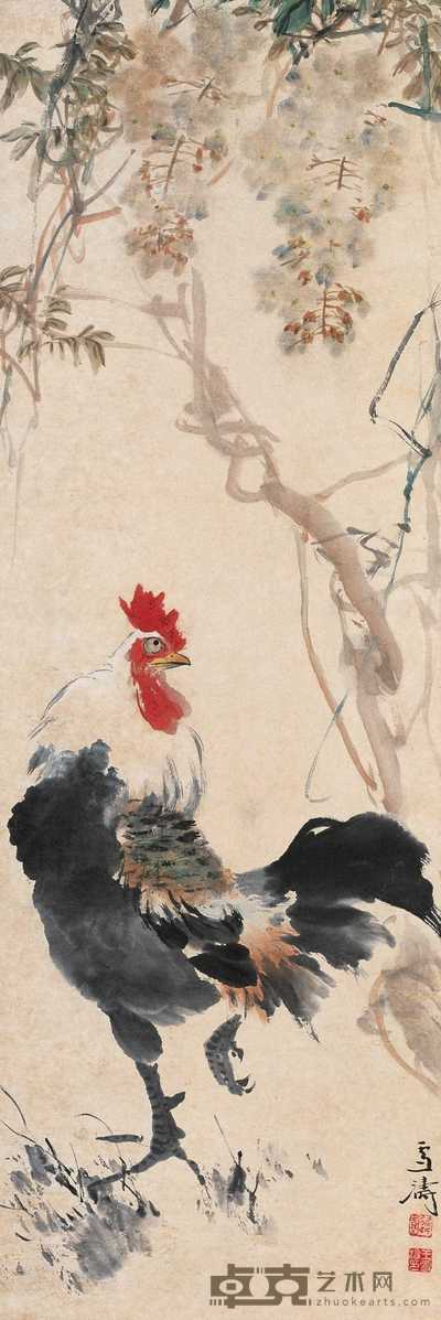 王雪涛 藤萝雄鸡 立轴 97×32.5cm